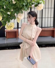 質感絲緞削肩短裙