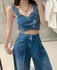 美式吊帶+高腰闊腿長褲兩件式牛仔套裝 - Image 3