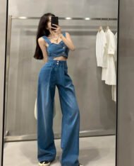 美式吊帶+高腰闊腿長褲兩件式牛仔套裝 - Image 2
