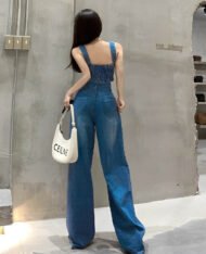 美式吊帶+高腰闊腿長褲兩件式牛仔套裝 - Image 5
