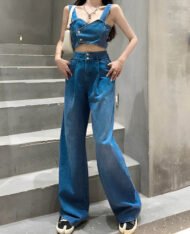 美式吊帶+高腰闊腿長褲兩件式牛仔套裝 - Image 4
