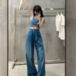 美式吊帶+高腰闊腿長褲兩件式牛仔套裝
