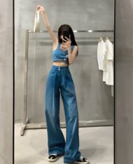 美式吊帶+高腰闊腿長褲兩件式牛仔套裝
