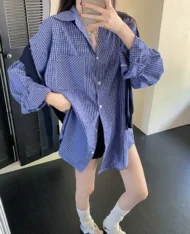 寬版格紋拼色襯衫