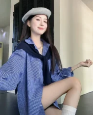 寬版格紋拼色襯衫 - Image 2