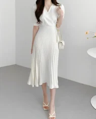 (Defect) 優雅小女人後繫帶百褶長洋