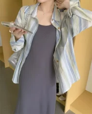 條紋拼色襯衫外 - Image 2