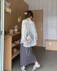 條紋拼色襯衫外 - Image 4