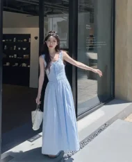 溫柔風皺褶收腰長裙