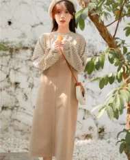 日系工裝背帶裙+條紋長袖Tee - Image 3