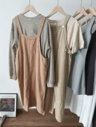 日系工裝背帶裙+條紋長袖Tee - Image 4