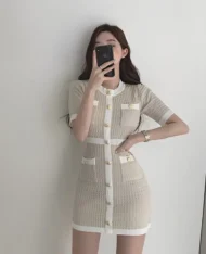 奢華小香風排扣洋裝