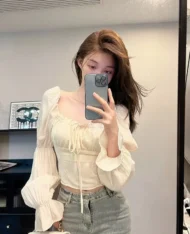 法式荷葉袖綁帶抓皺上衣