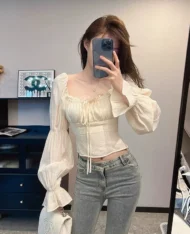 法式荷葉袖綁帶抓皺上衣 - Image 2