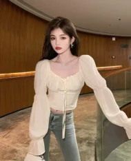 法式荷葉袖綁帶抓皺上衣 - Image 3