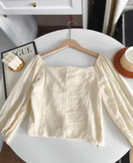 法式荷葉袖綁帶抓皺上衣 - Image 6