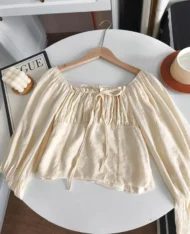 法式荷葉袖綁帶抓皺上衣 - Image 4