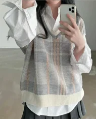 V領格紋拼色馬甲背心 - Image 3