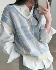 V領格紋拼色馬甲背心 - Image 4