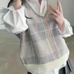 V領格紋拼色馬甲背心