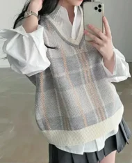 V領格紋拼色馬甲背心