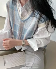 V領格紋拼色馬甲背心 - Image 5