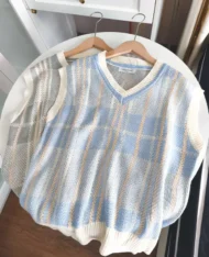 V領格紋拼色馬甲背心 - Image 6