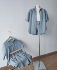 牛仔襯衫+腰鬆緊短褲兩件套裝set (不含內搭)) - Image 4