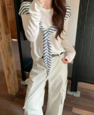 慵懶條紋披肩+長袖上衣兩件套set - Image 2