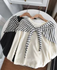 慵懶條紋披肩+長袖上衣兩件套set - Image 7