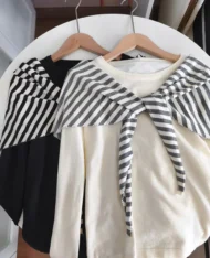 慵懶條紋披肩+長袖上衣兩件套set - Image 8