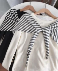 慵懶條紋披肩+長袖上衣兩件套set - Image 10