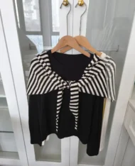 慵懶條紋披肩+長袖上衣兩件套set - Image 11