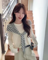 慵懶條紋披肩+長袖上衣兩件套set - Image 3