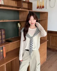 慵懶條紋披肩+長袖上衣兩件套set