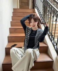慵懶條紋披肩+長袖上衣兩件套set - Image 6
