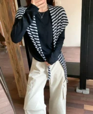 慵懶條紋披肩+長袖上衣兩件套set - Image 5