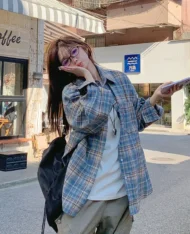 慵懶寬格紋拼色襯衫 - Image 5