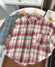 慵懶寬格紋拼色襯衫 - Image 6