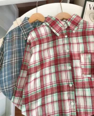 慵懶寬格紋拼色襯衫 - Image 7