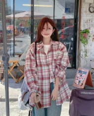 慵懶寬格紋拼色襯衫