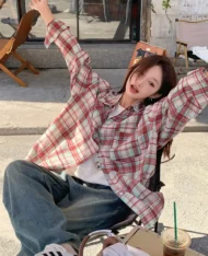 慵懶寬格紋拼色襯衫 - Image 2