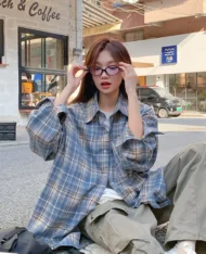 慵懶寬格紋拼色襯衫 - Image 4