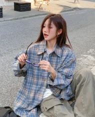 慵懶寬格紋拼色襯衫 - Image 3