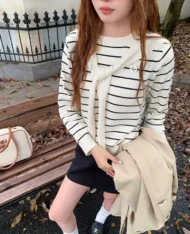 Miu系披肩+條紋上衣兩件套set - Image 7