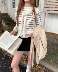 Miu系披肩+條紋上衣兩件套set - Image 5