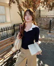 假兩件Polo拼接學院風上衣