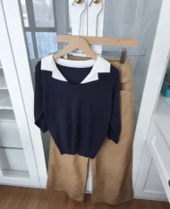 假兩件Polo拼接學院風上衣 - Image 10