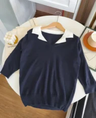 假兩件Polo拼接學院風上衣 - Image 7