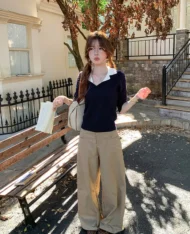 假兩件Polo拼接學院風上衣 - Image 3